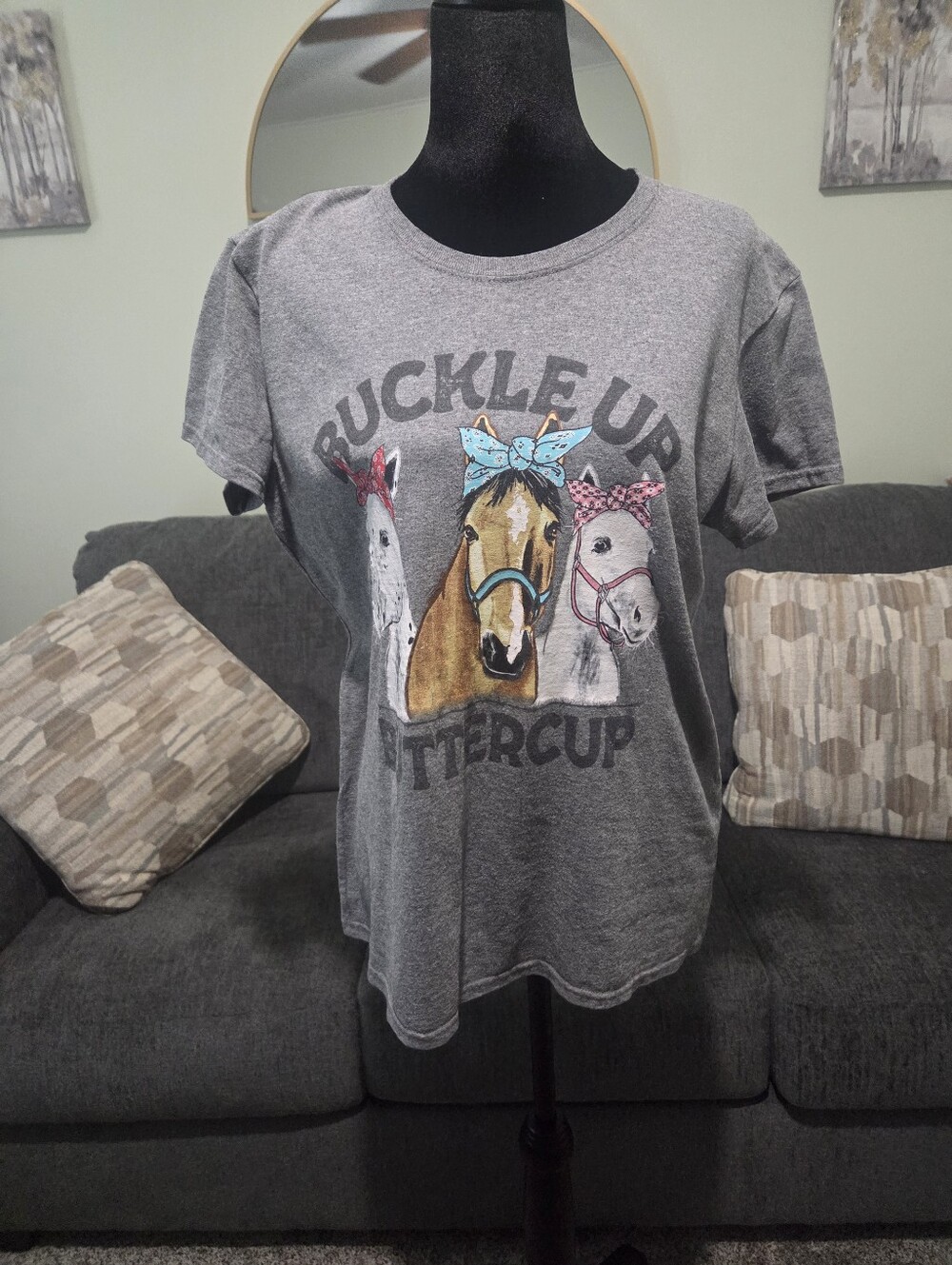 Womens' Grey 'Buckle Up Buttercup' Horse Graphic Tee